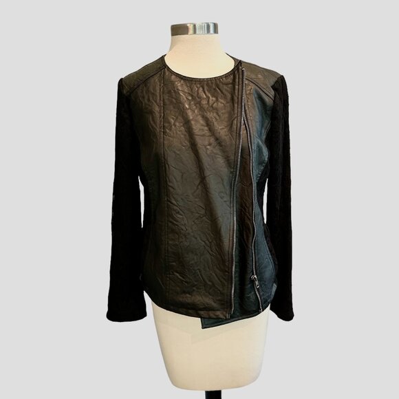 Faux Leather and Lace Sleeved Moto Style Jacket - Picture 3 of 16